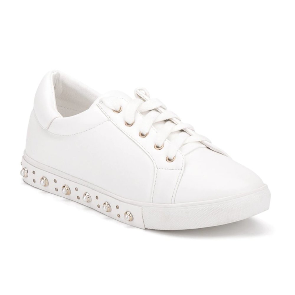 NEW Olivia Miller Women Chill Zone Faux Pearl Studded Lace Up Dress Sneakers